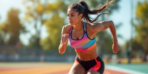 Runner in motion on a track during speed workout.