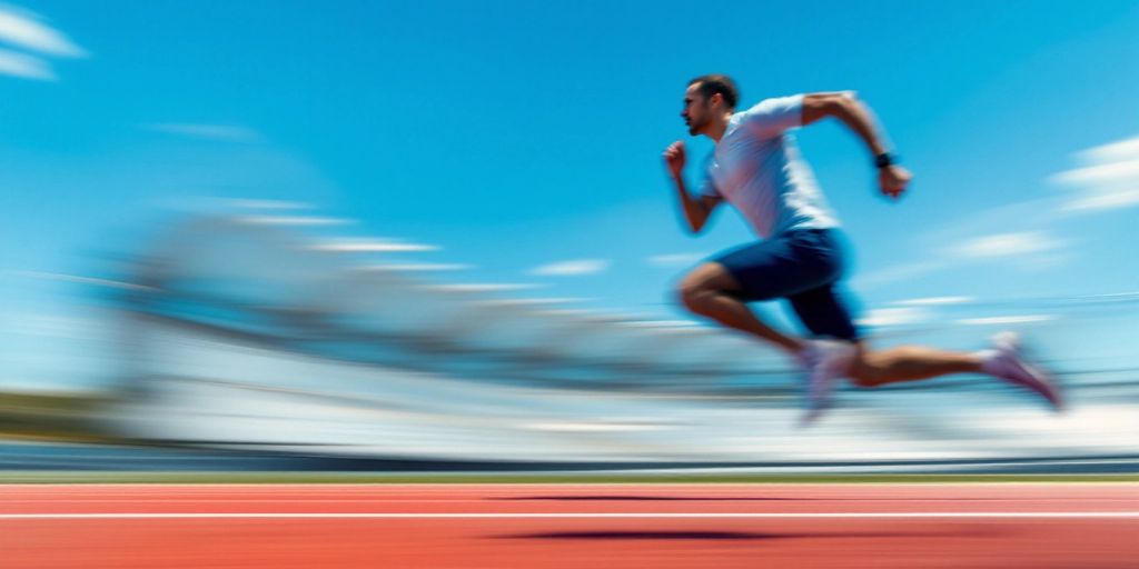 Runner in motion on a track, showcasing speed training.