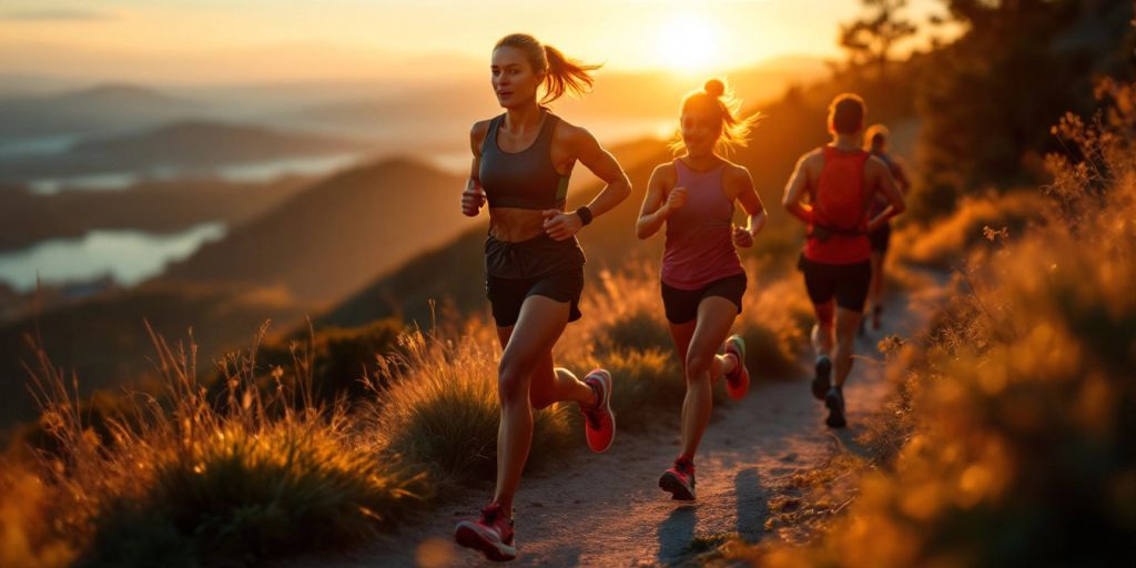 Runners in motion on a scenic trail during sunset.