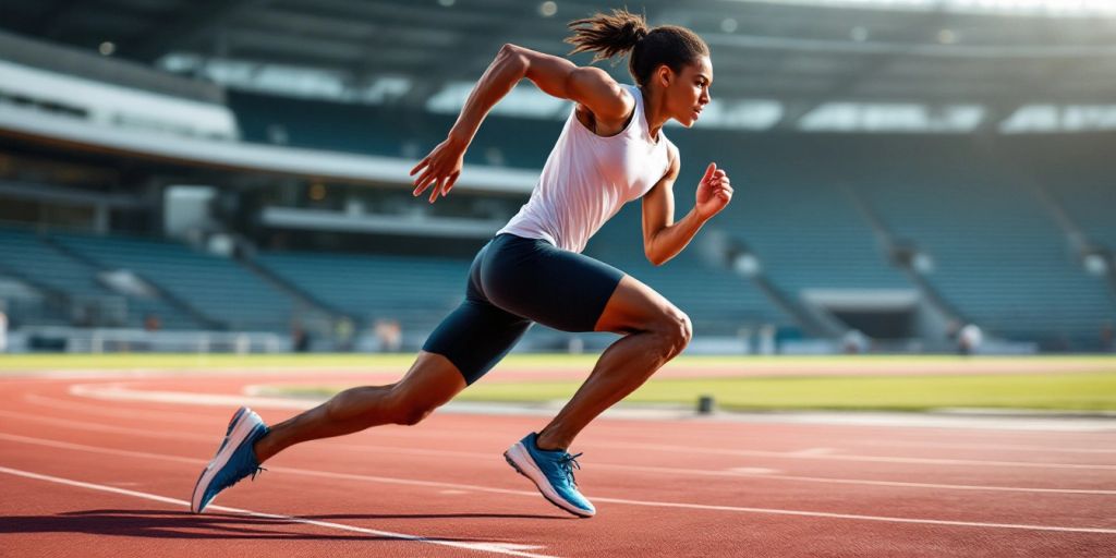 Athlete sprinting on a track, demonstrating speed and form.